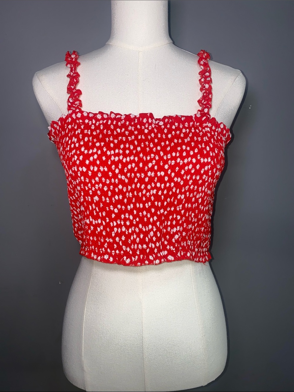 SHEIN Red Floral Baby Doll Smocked Crop Top Size L 00079